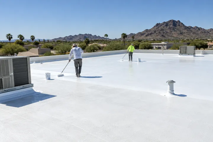 Wide flat warehouse roof with a fresh white foam roof coating