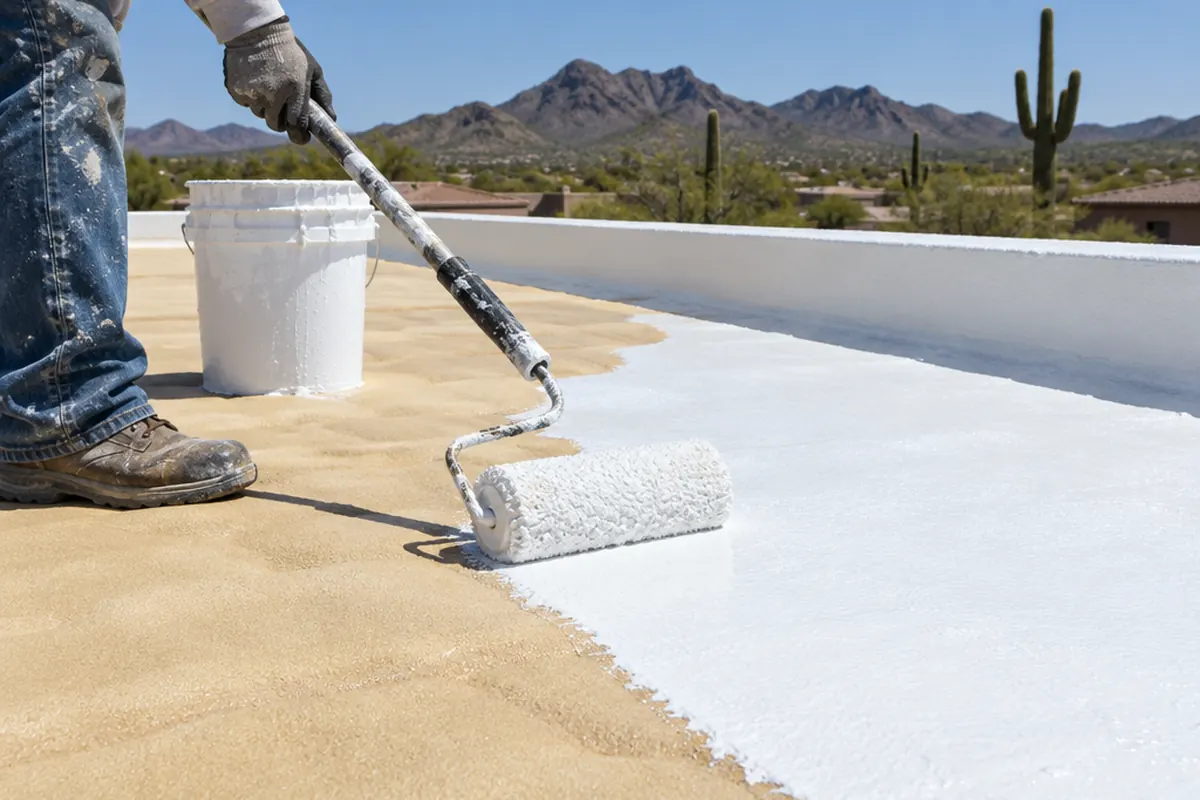 Roller applying white elastomeric coating over tan spray foam on a flat roof