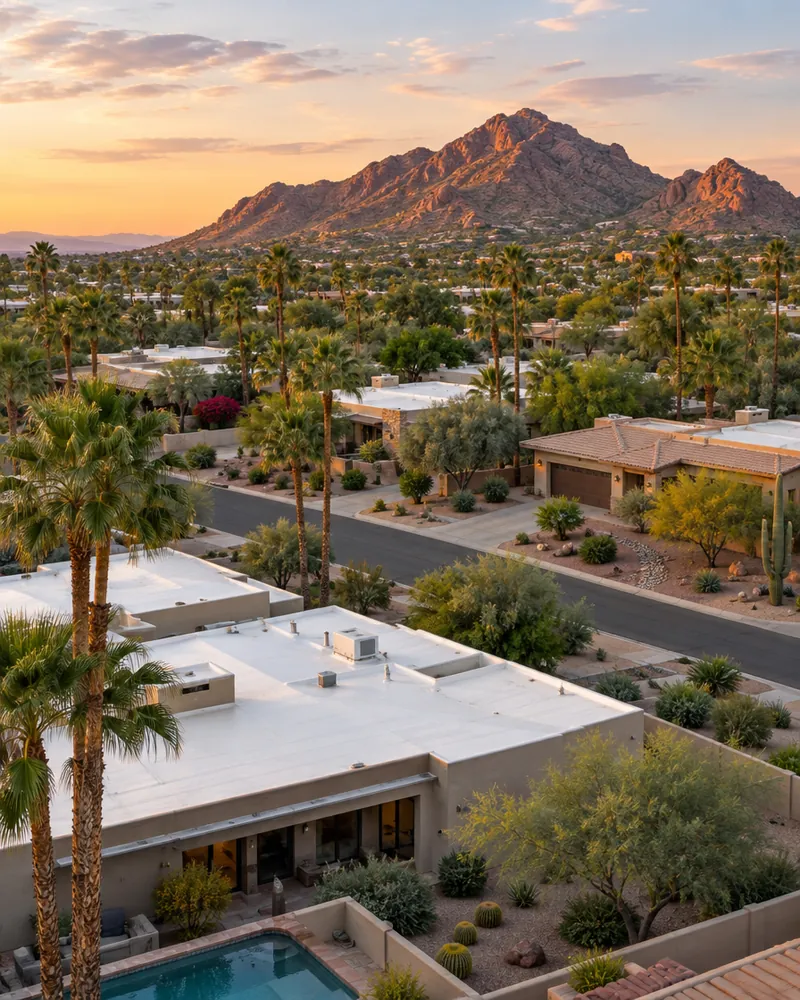 Scottsdale neighborhood of flat-roofed desert homes with Camelback Mountain in the background