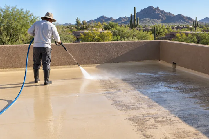 Foam roof being pressure washed before work begins