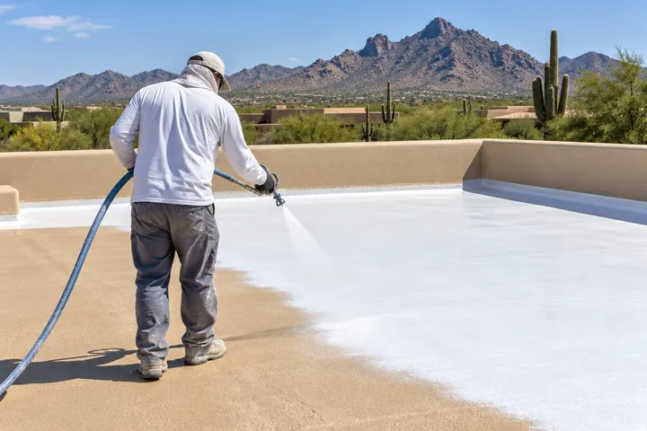 White elastomeric coating being sprayed over a foam roof