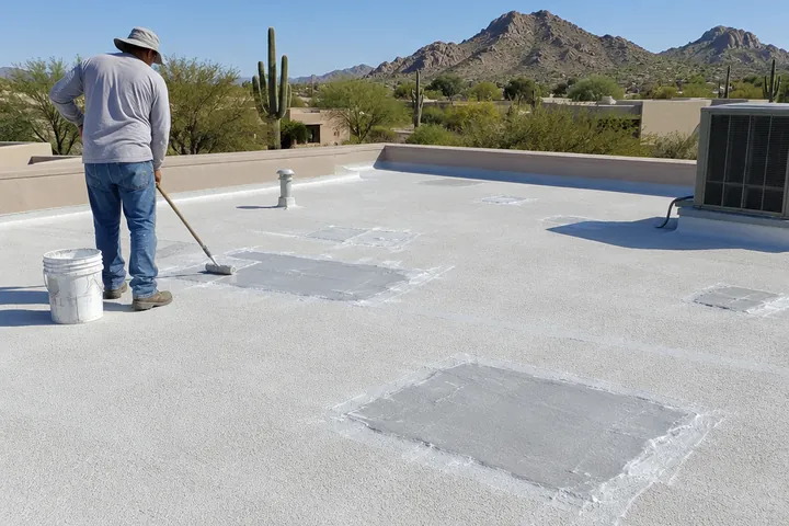 Patched areas on a foam roof ready for a new coat