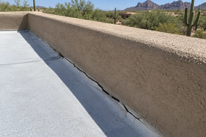 Crack along the joint between a foam roof and a stucco parapet