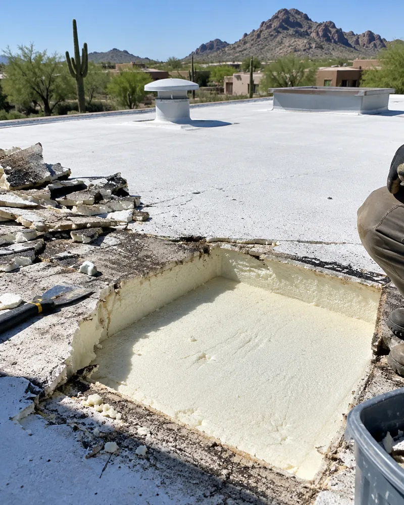 Damaged section of a foam roof cut back to solid foam ready for repair