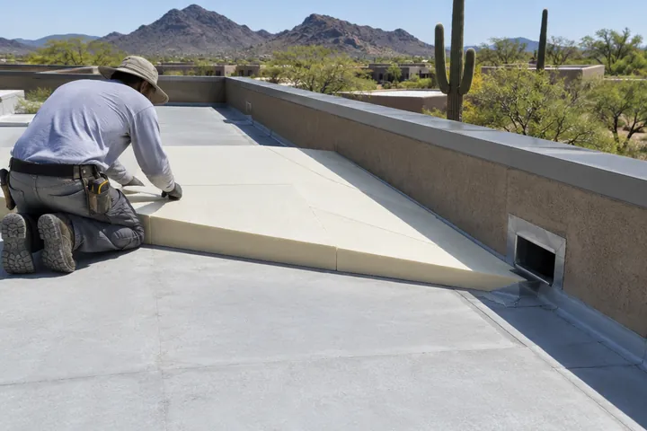 Foam tapered toward a parapet scupper to improve drainage