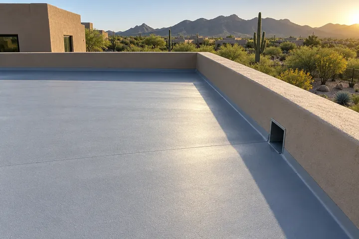 New flat roof sloped to carry water to a scupper in the parapet wall