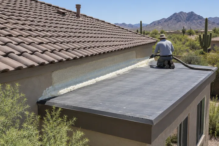 Low-slope roof on a home addition joined to the main roof with continuous foam