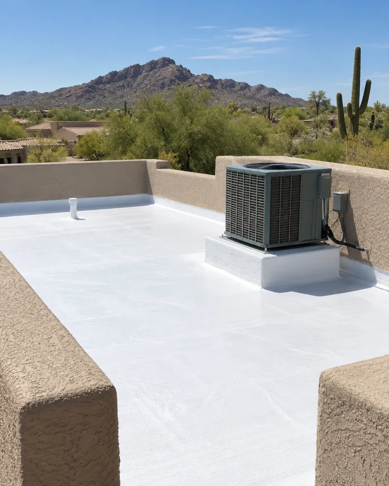 Newly foamed and white-coated flat roof behind stucco parapets on a Scottsdale home, with an AC unit on a curb