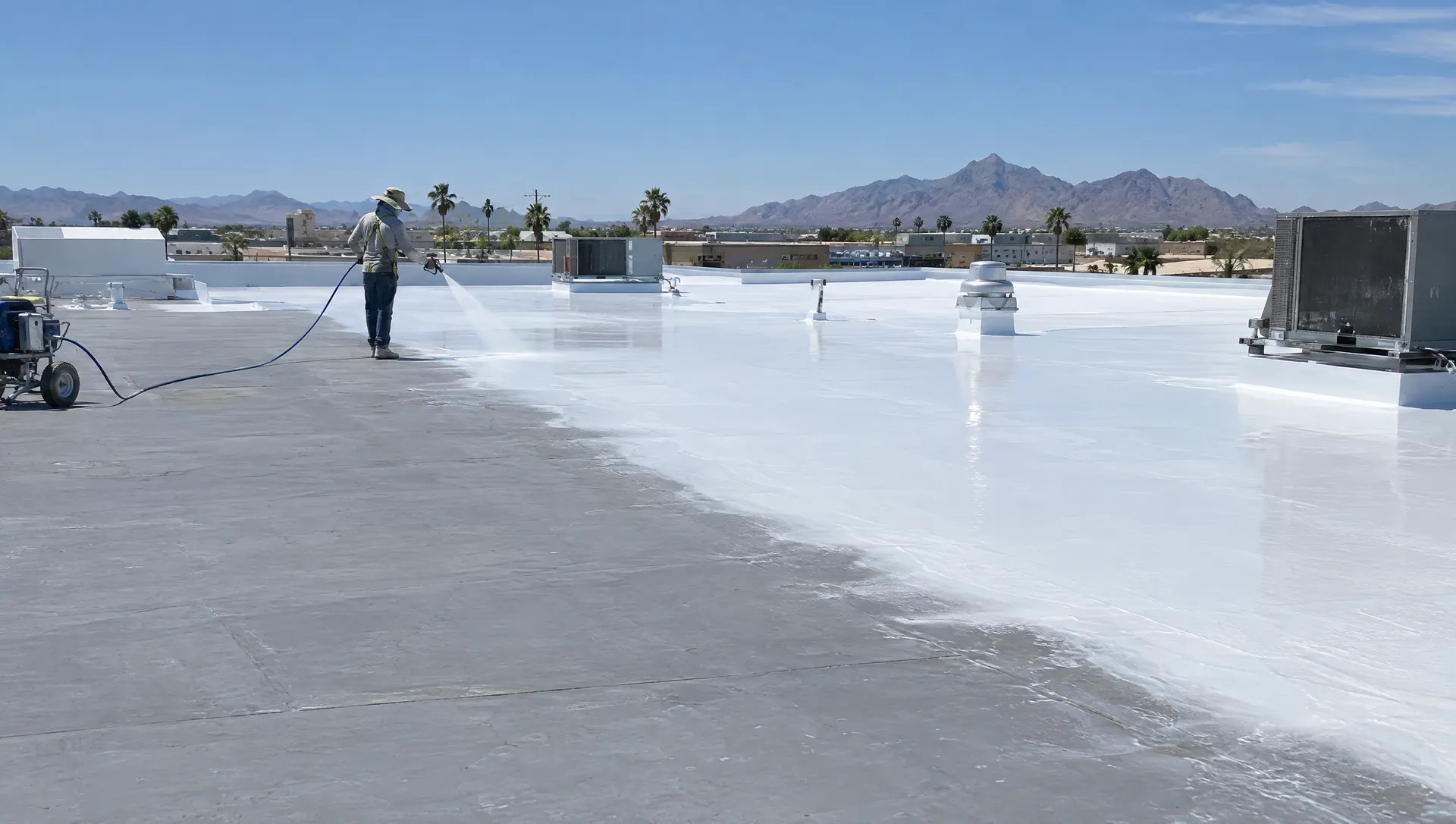 White silicone roof coating being sprayed across a large flat roof in Arizona