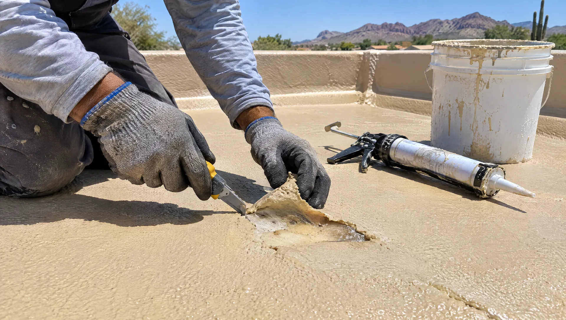 Gloved hands cutting out a blister on a tan foam roof beside a caulk gun and coating bucket