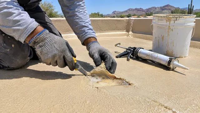 Gloved hands cutting out a blister on a tan foam roof beside a caulk gun and coating bucket